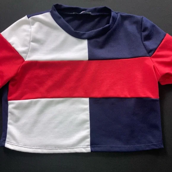 Fashion Nova red white & blue block crop t… - Picture 2 of 8